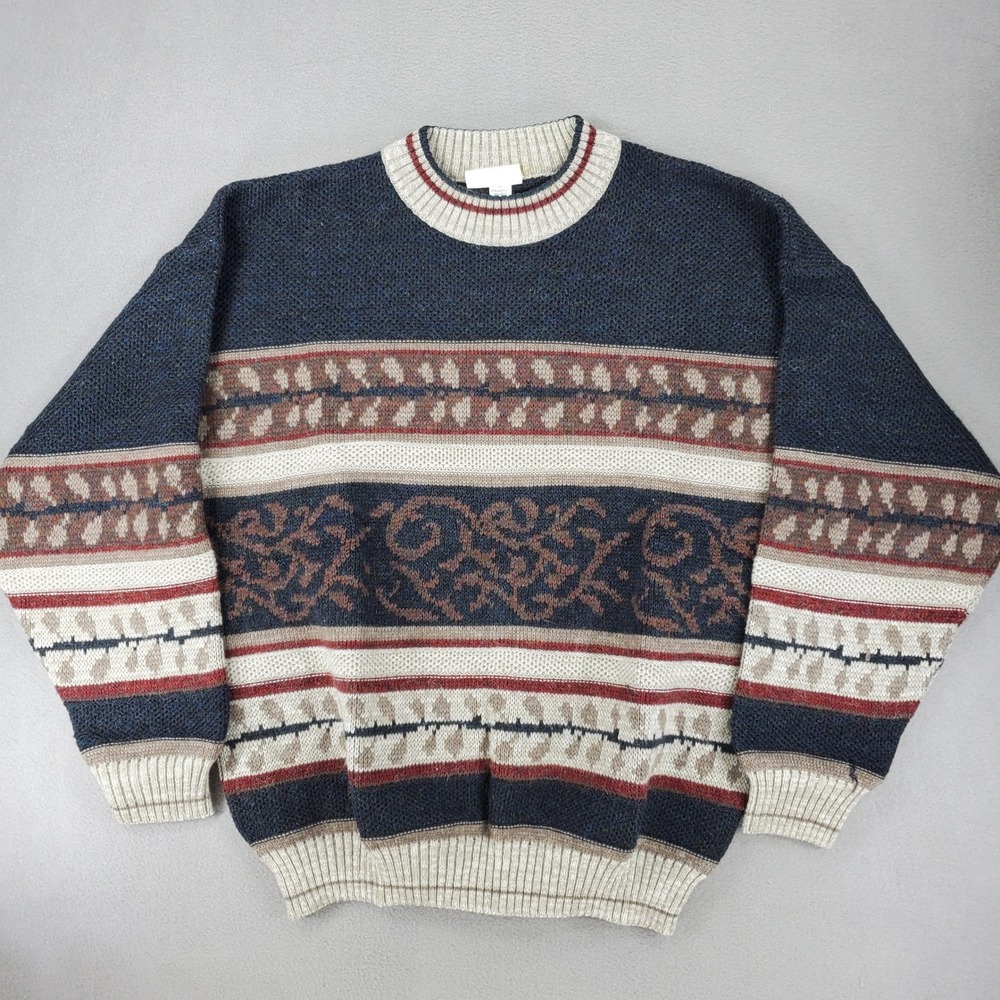 Burton Courtelle Sweater Men L Navy Blue Vintage Fair Isle Crewneck Knit UK Made
